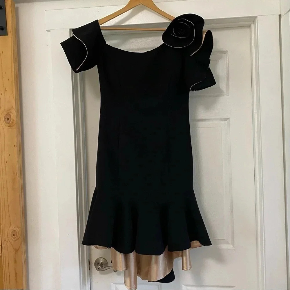 Paula Richi Couture Black And Gold Ruffle Midi Dress